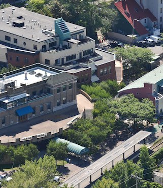Aerial view of Wing, Union Station, and CornerStone buildings